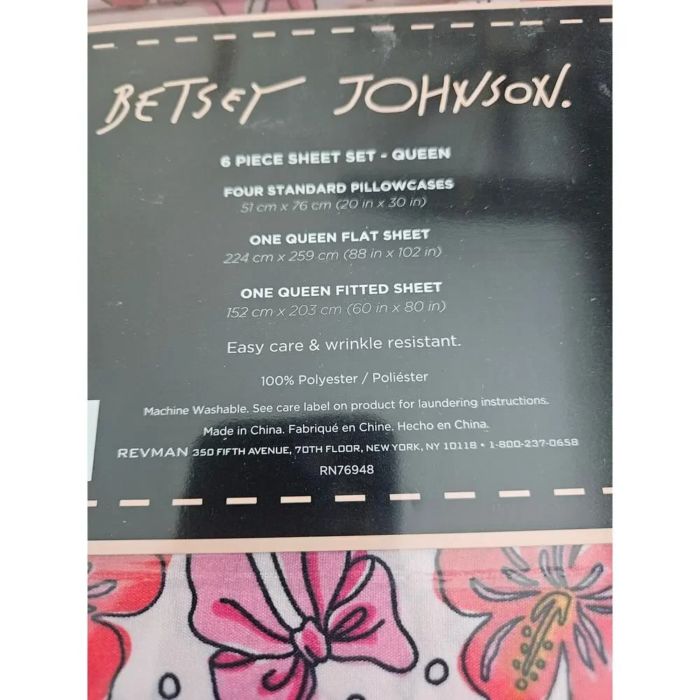 Betsey Johnson 6 piece queen sheet Bow Hibiscus pink Wrinkle Resistant Easy Care